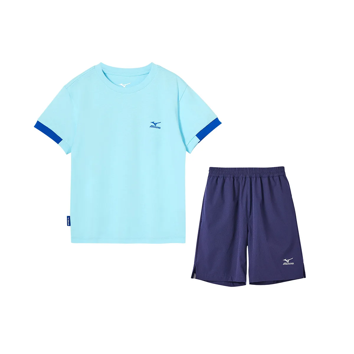 Детская повседневная спортивная футболка с круглым вырезом Mizuno, Blue Short-Sleeved+Royal Blue Shorts