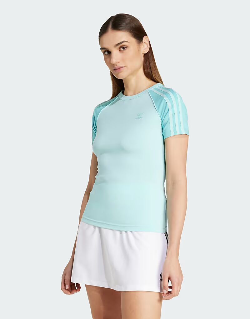 

Футболка Adidas Originals Adicolor с тремя полосками и рукавами реглан, полупрозрачная, аквамаринового цвета