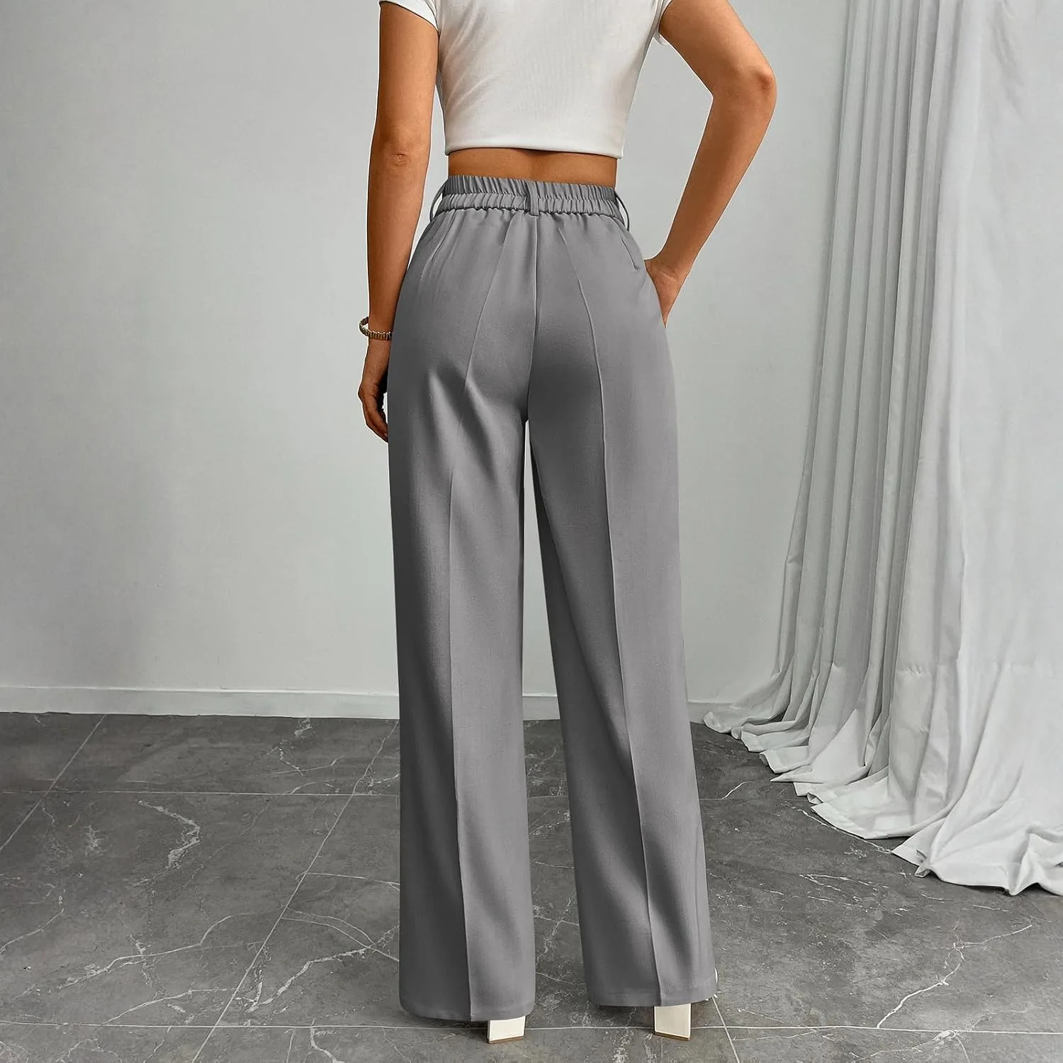 Женские брюки-костюм Casual легкие базовые классические наряды для бизнеса высокая посадка свободный крой прямые широкие Generic, серый — фото 3