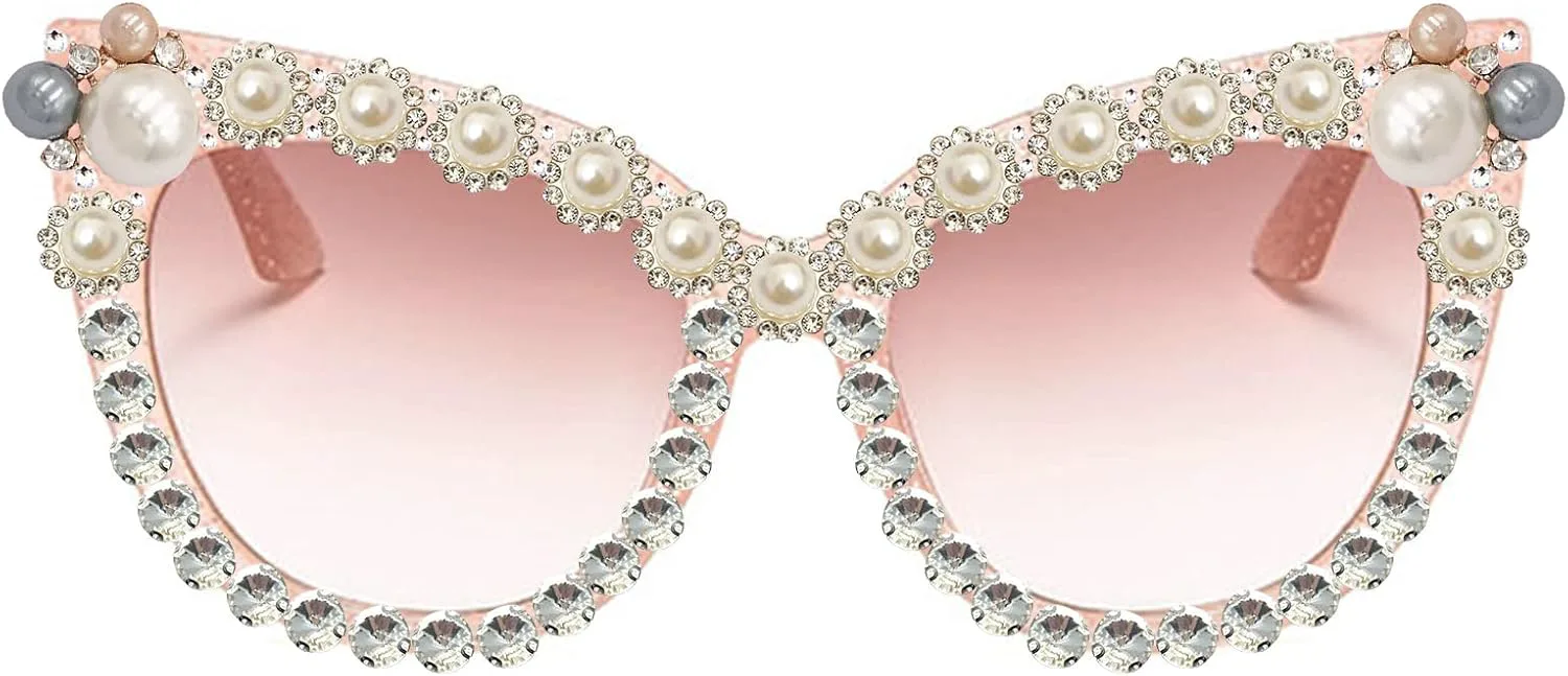 

Солнцезащитные очки Willochra Oversized Pearl Cateye для женщин с защитой UV400, эффектом «кошачьего глаза», блестками и стразами, UV400, 2pcs-pink&purple
