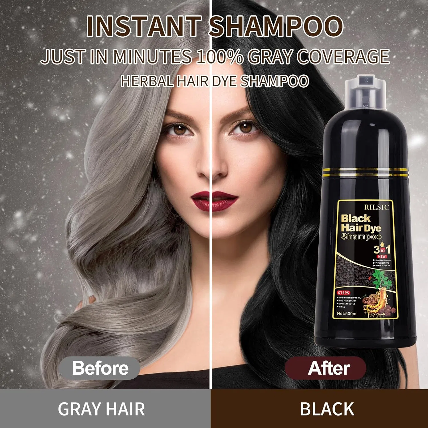 Шампунь-краска для волос «Black Hair Dye Shampoo 3-in-1» для седых волос Rilsic, Black — фото 2