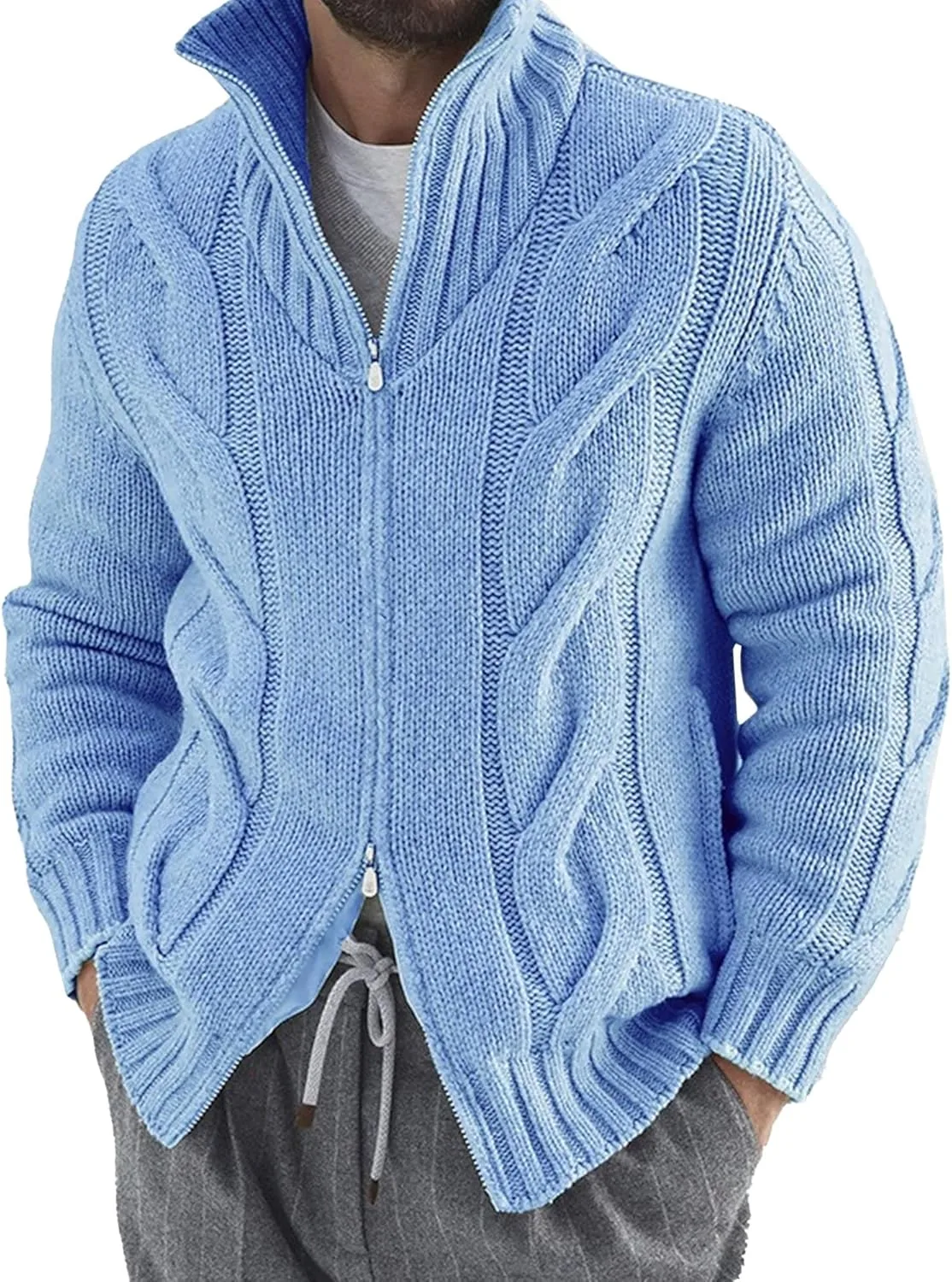 

Мужской свитер с высоким воротником и длинным рукавом, кабельная вязка, кардиган на молнии, плотный JEKE-DG