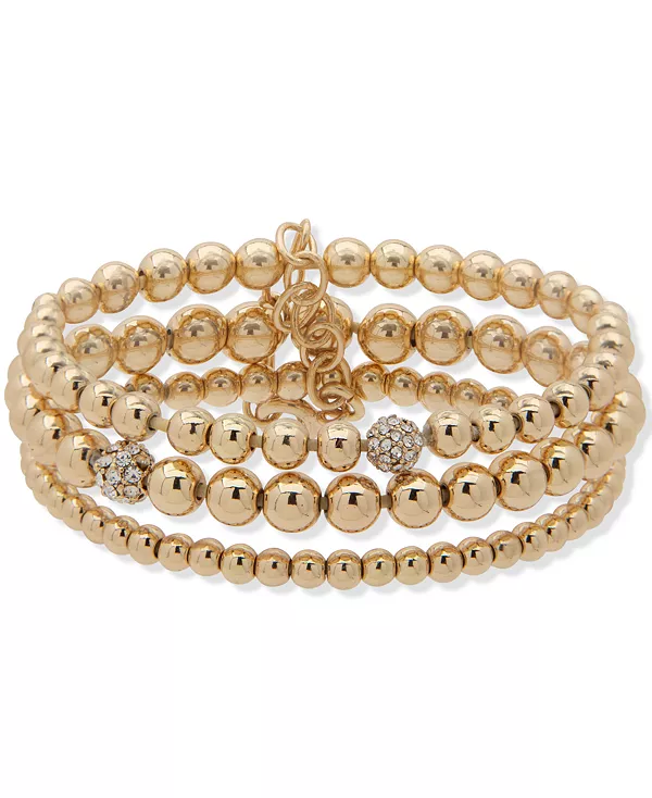 

Комплект из 3-х золотых браслетов с бисером и бусинами, украшенных паве Anne Klein, gold