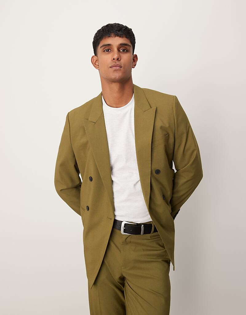 

ASOS DESIGN – двубортный приталенный пиджак оливково-зеленого цвета