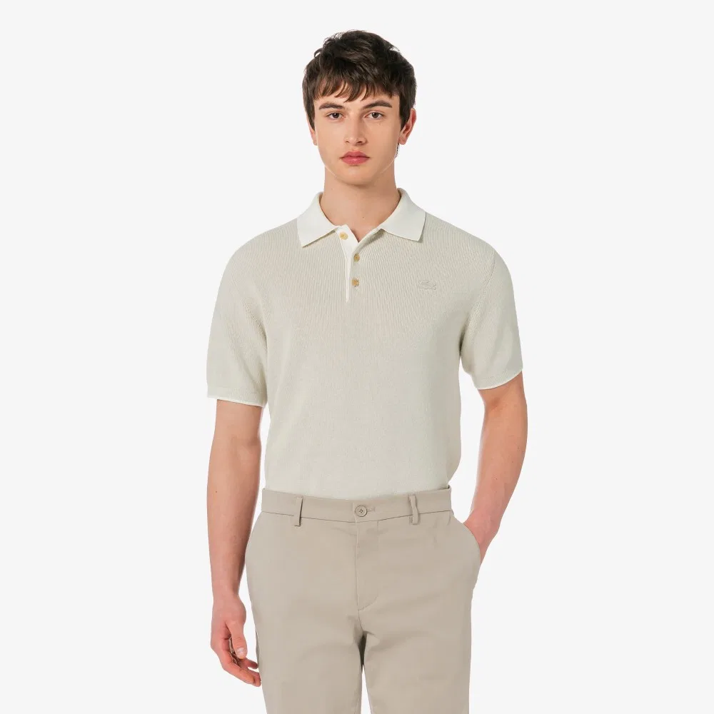 Мужской свитер поло с коротким рукавом в рубчик цвета овсянки от Lacoste — фото 4