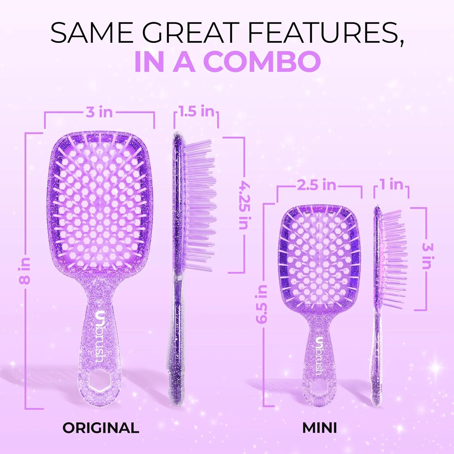 FHI Heat UNbrush Detangling Brush Combo Pack - оригинальная и мини UNbrush для всех типов волос, мокрых и сухих - DuoFlex антистатическая щетка, вентилируемая расческа для безболезненного укладки, Amethyst Lavender — фото 4