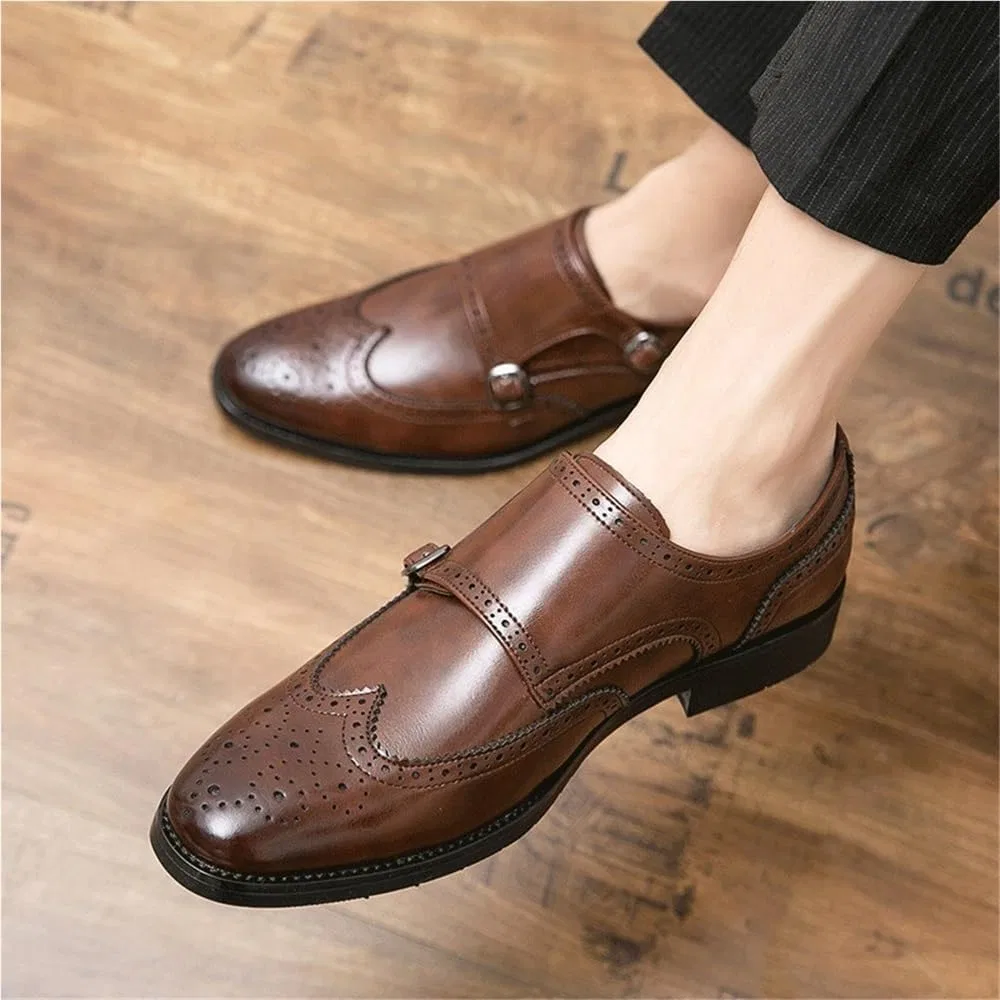 Лоферы кожаные туфли на шнуровке Mens Hasp Leather Oxford Dress Shoes Slip-On Pointed Toe Height Increasing Fashion Wedding Loafers, Brown DHFIRUFSHLO — фото 3
