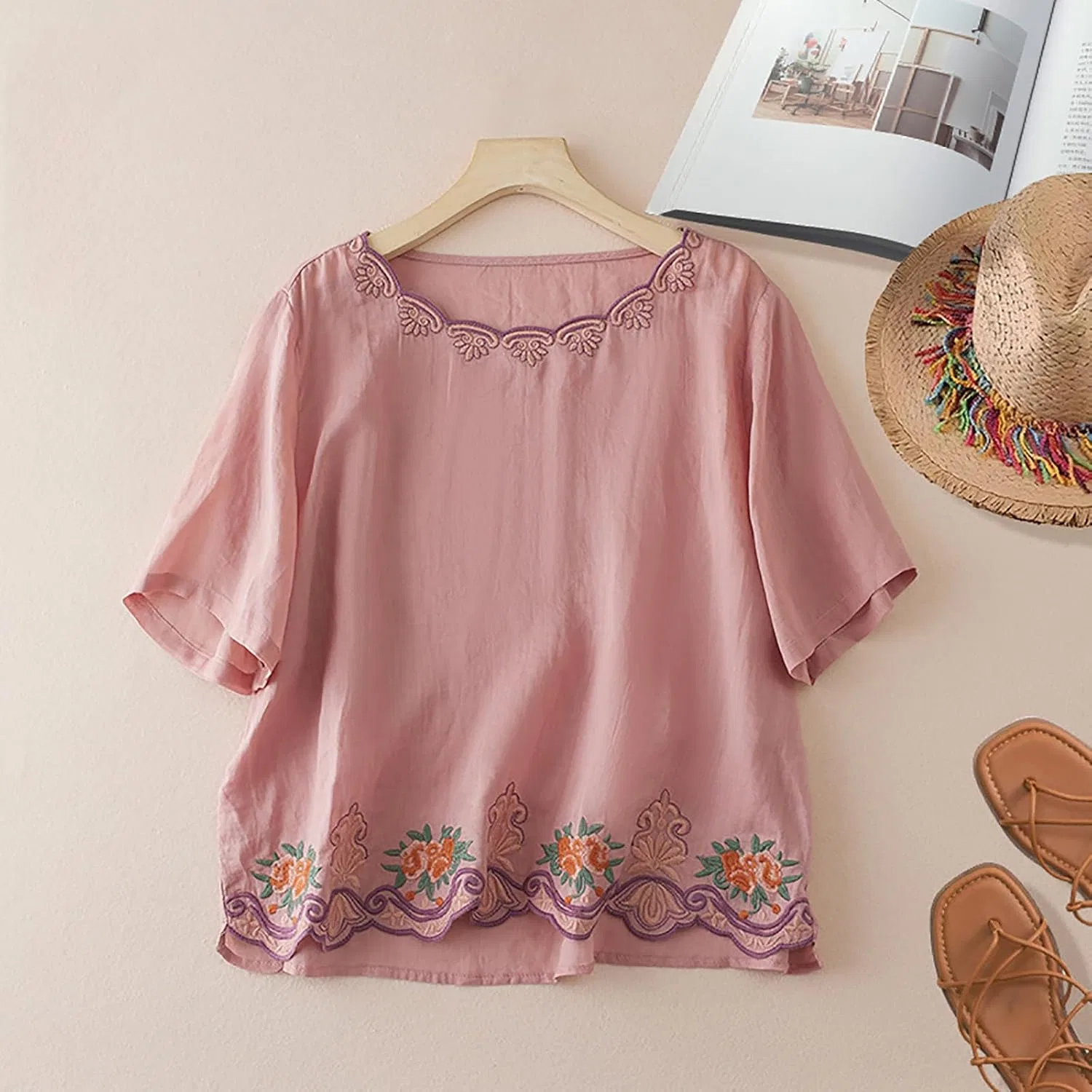 Футболка из хлопка и льна, оверсайз, Relaxed Fit, розовая — фото 3