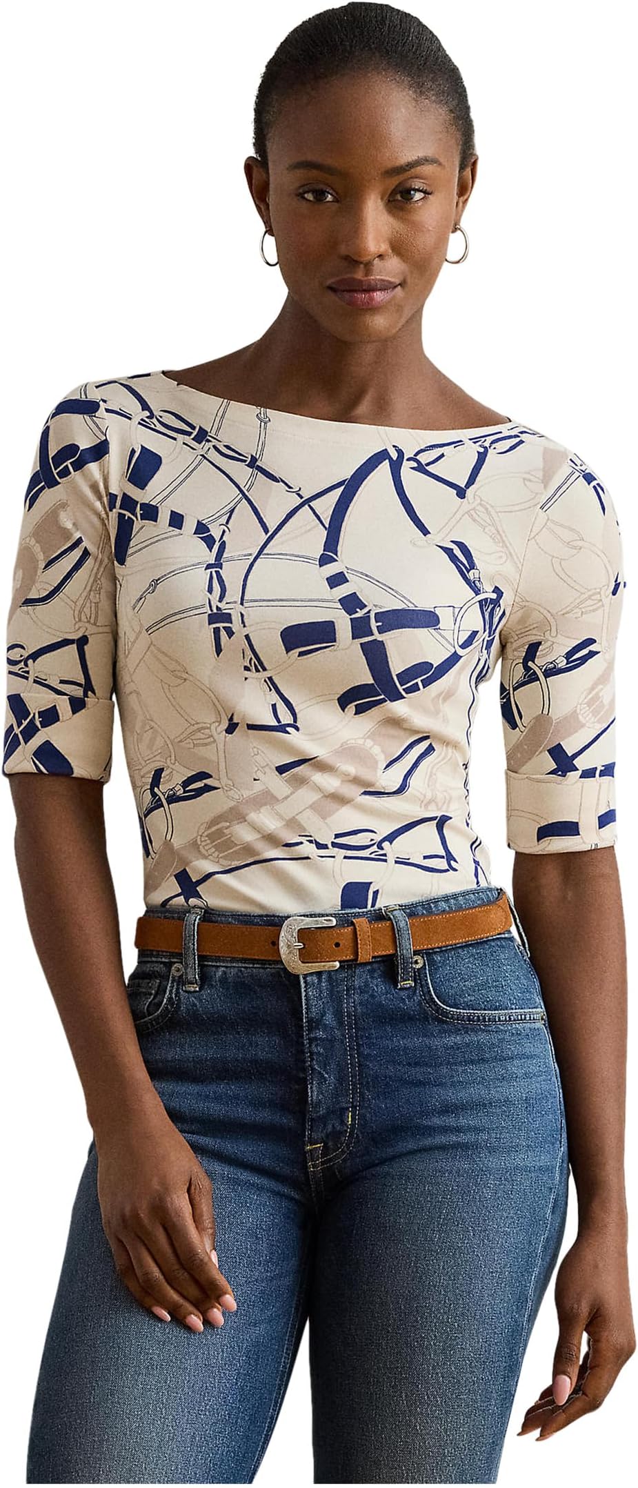 

Футболка Lauren Ralph Lauren Petite Belting-Print Cotton Boatneck Tee, цвет Cream/Navy Multi