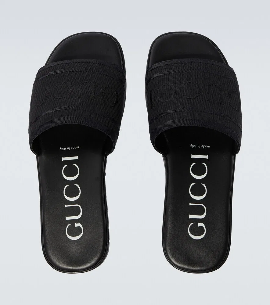 Шлепанцы с логотипом из парусины и кожи Gucci, черный — фото 4
