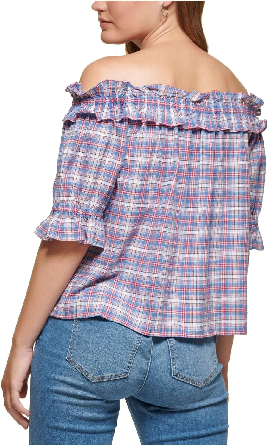 Блуза с воланами и клеткой, классическая, Tommy Hilfiger, синяя — фото 2
