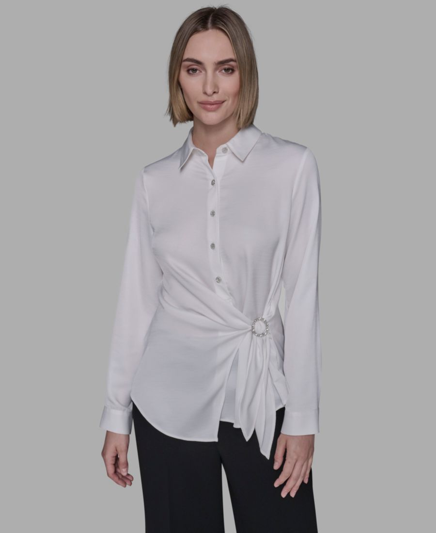 

Женская блузка с длинными рукавами, запахом и кольцевой отделкой KARL LAGERFELD PARIS, Soft White