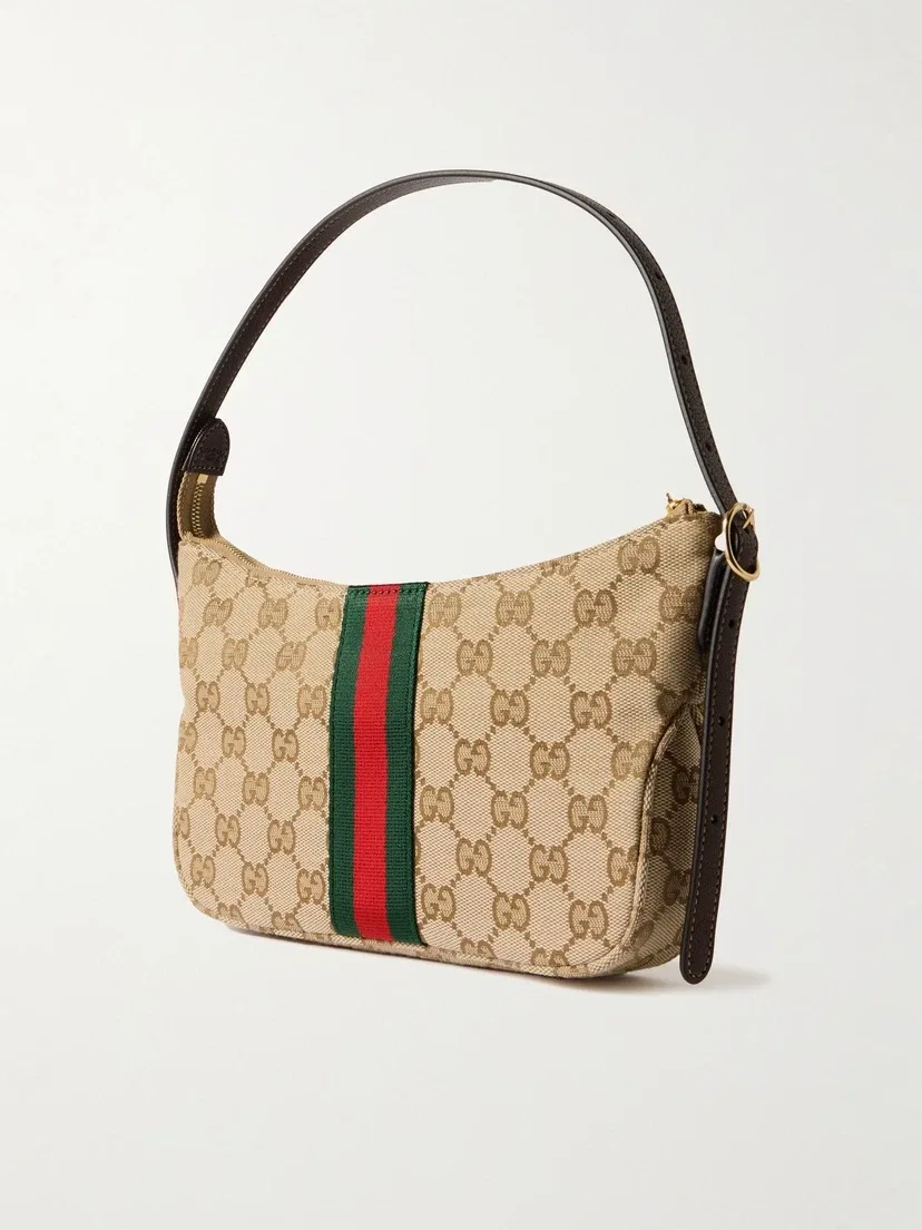 Сумка на плечо Lunetta из кожаной отделки и жаккардового холста GUCCI, бежевый — фото 3