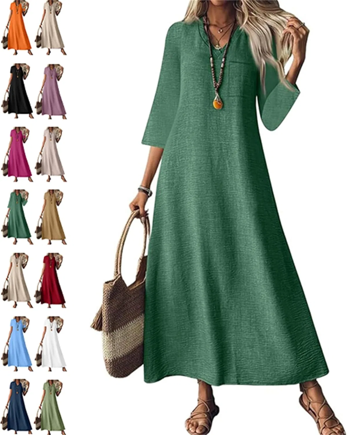 Льняное платье Women Sleeveless V Neck туника Boho макси, летнее однотонное струящееся пляжное платье для отпуска Generic, темно-зеленый