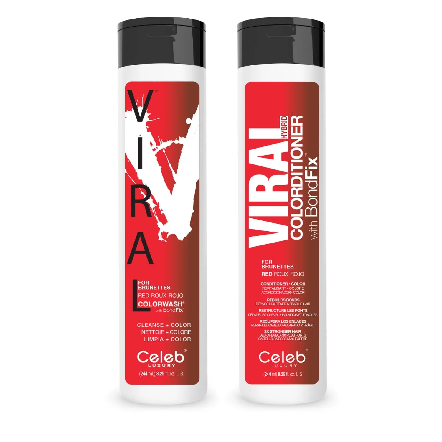 Celeb Luxury Intense Color Depositing Colorwash шампунь + BondFix восстановитель, веганская краска для волос, на основе растений, полуперманентный цвет, наборы Viral и Gem Lites, Red for Brunnettes