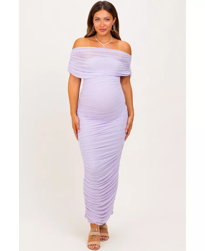 

Беременное лавандовое плиссированное сетчатое платье макси с открытыми плечами и отложным поясом Pinkblush, фиолетовый