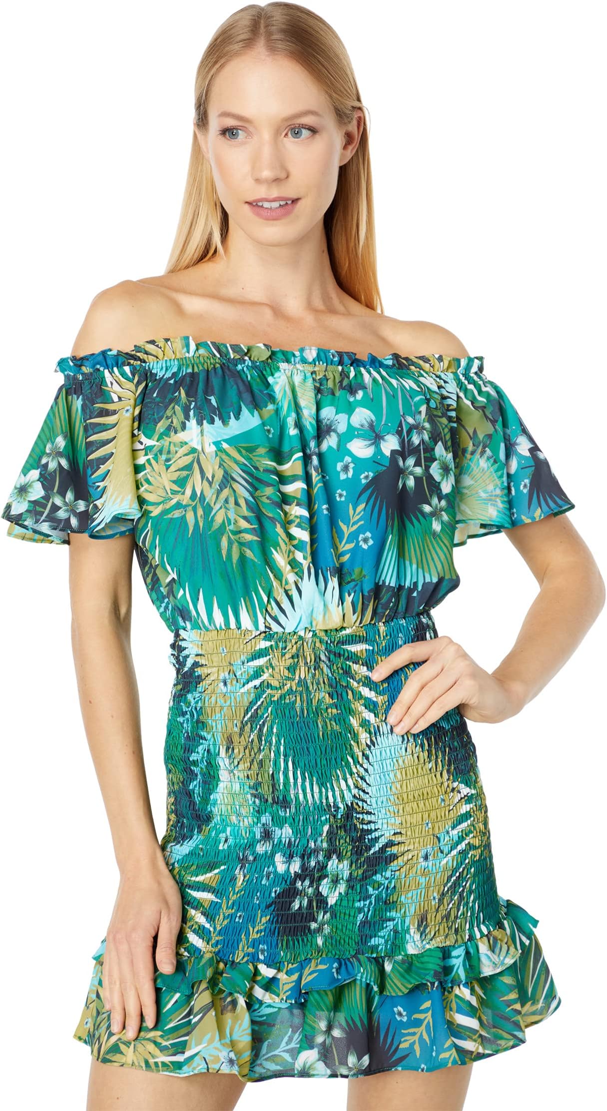

Платье Bebe Off-the-Shoulder Ruffle Dress, цвет Jungle Palm