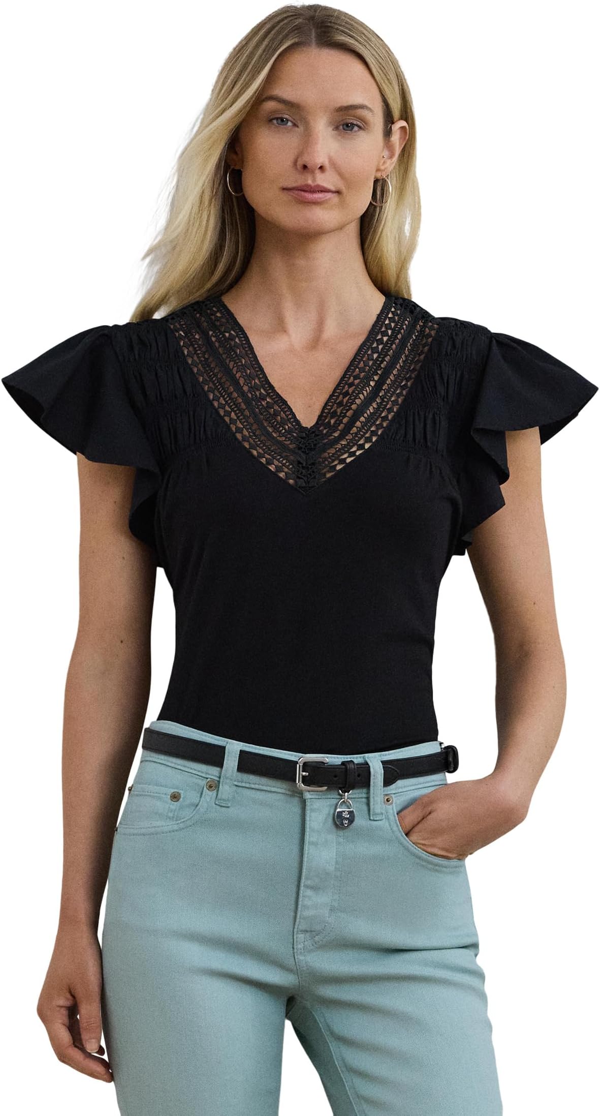 

Футболка Lauren Ralph Lauren Lace-trim Jersey Flutter-sleeve Tee, Black