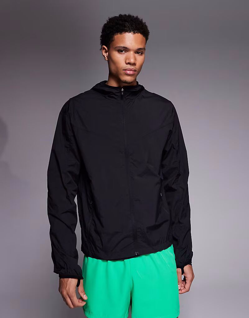 

Легкая куртка для бега свободного кроя с капюшоном из жатого нейлона с водоотталкивающей пропиткой, черного цвета 4505