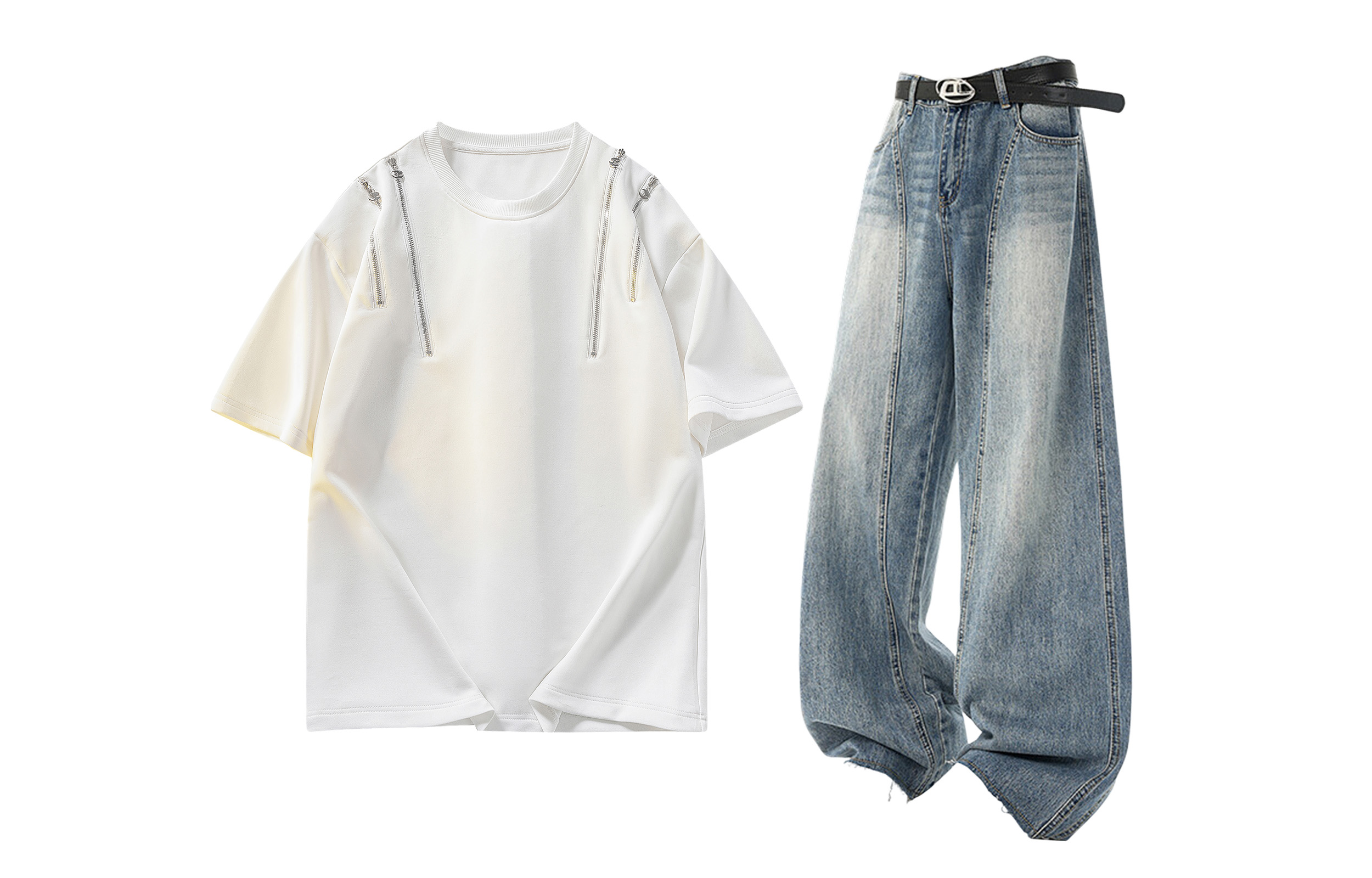 

Повседневный спортивный свитер с круглой горловиной Unisex Moderate X1617, белый short-sleeved shirt+синий knife-edge jeans