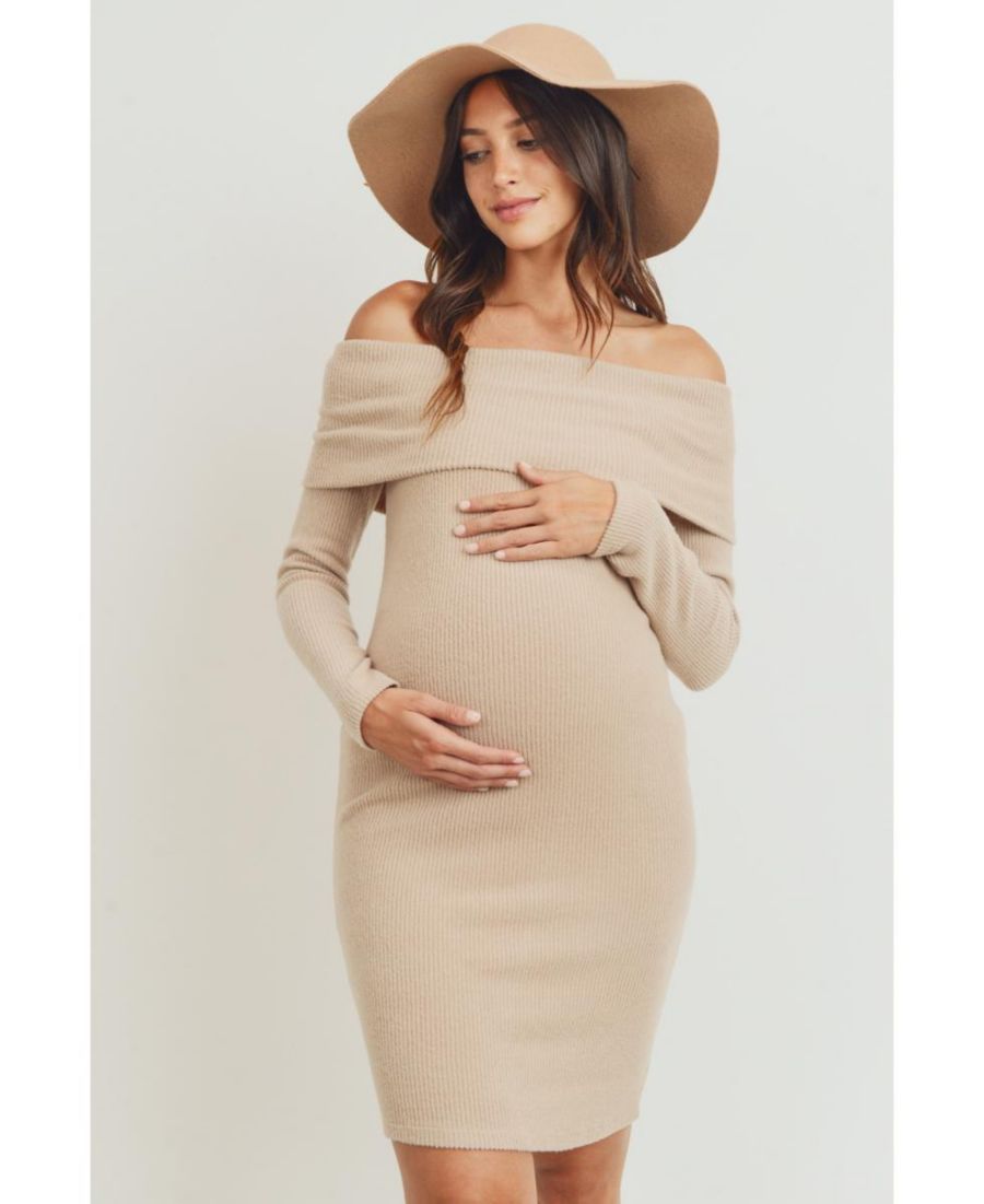 

Женское облегающее платье для беременных с ребристой отделкой, открытыми плечами и длинными рукавами Hello Miz, Sand