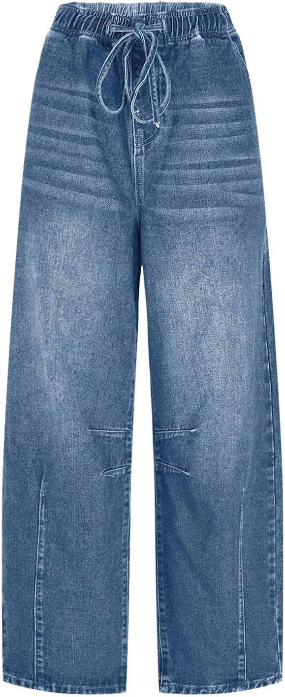 

FZYLQY Женские бочкообразные джинсы High Waisted Wide Leg с кулиской