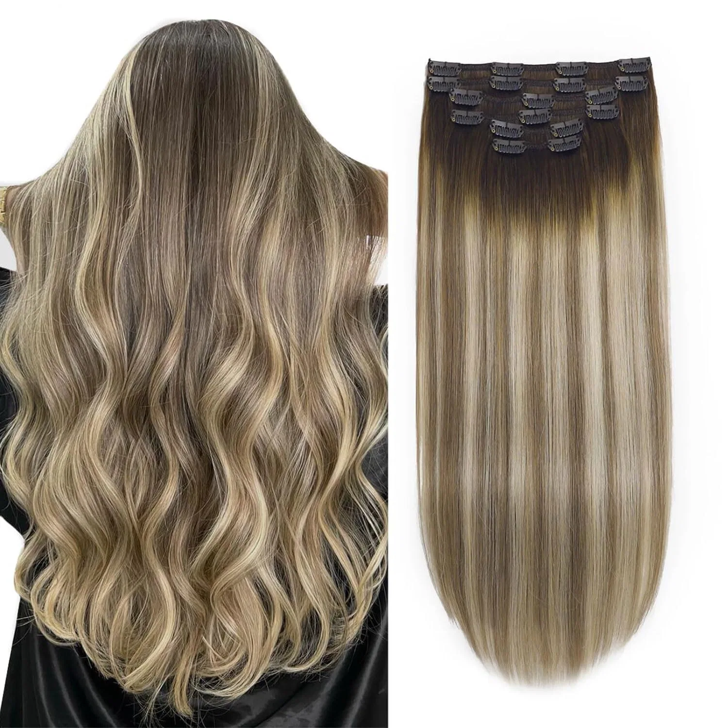 Набор накладных прядей XDhair Clip-In из натуральных волос, 40 см, 100 г Xdhair, #3/8/22 Walnut Brown To Ash Brown And Light Blonde