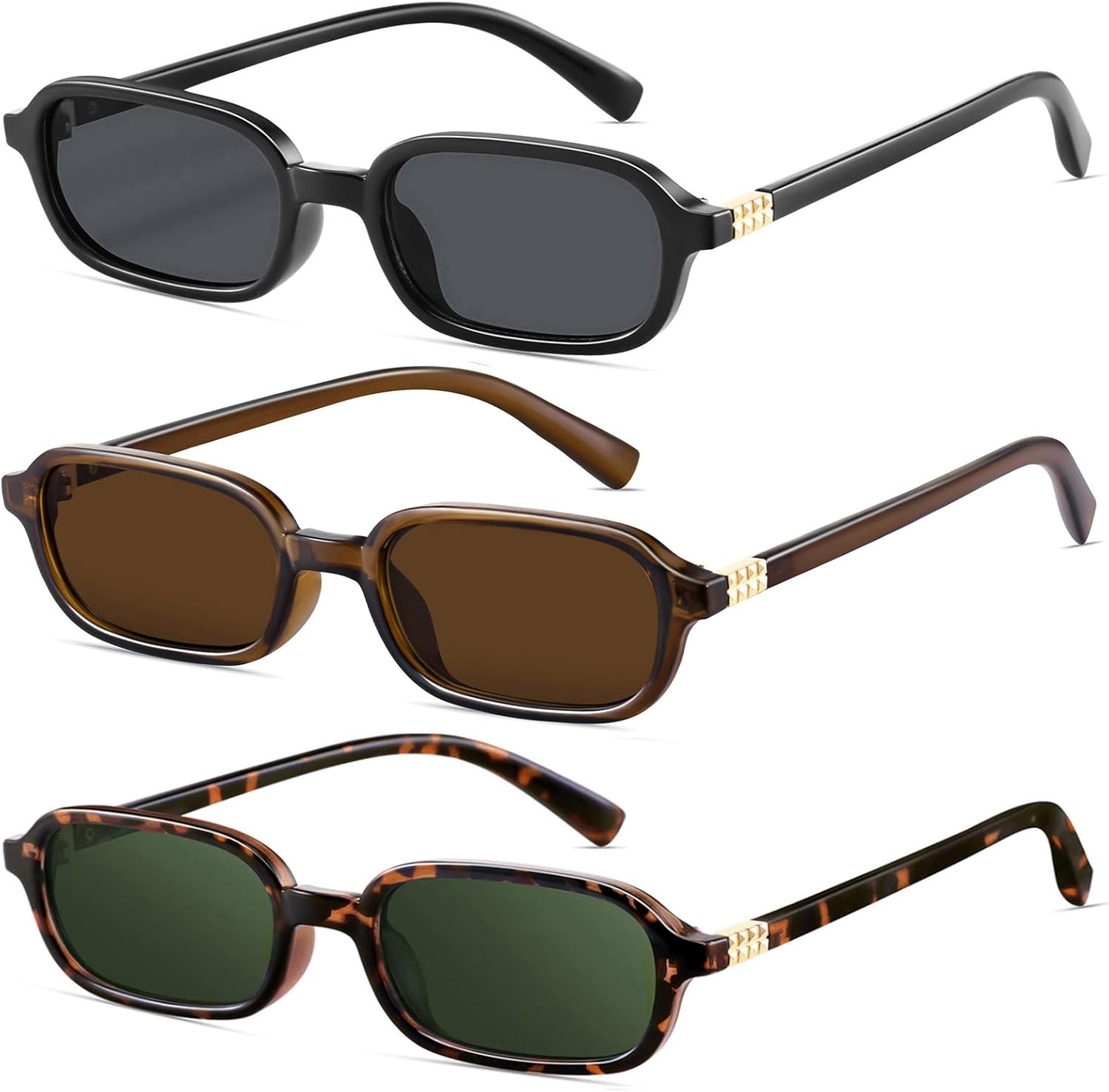 

Ретро прямоугольные солнцезащитные очки для женщин, узкие, модные, небольшие, в стиле 90-х, квадратная оправа, защита от УФ-излучения YMRFW, 3pack（black/Gray+brown/Tea+leopard Print/Green）