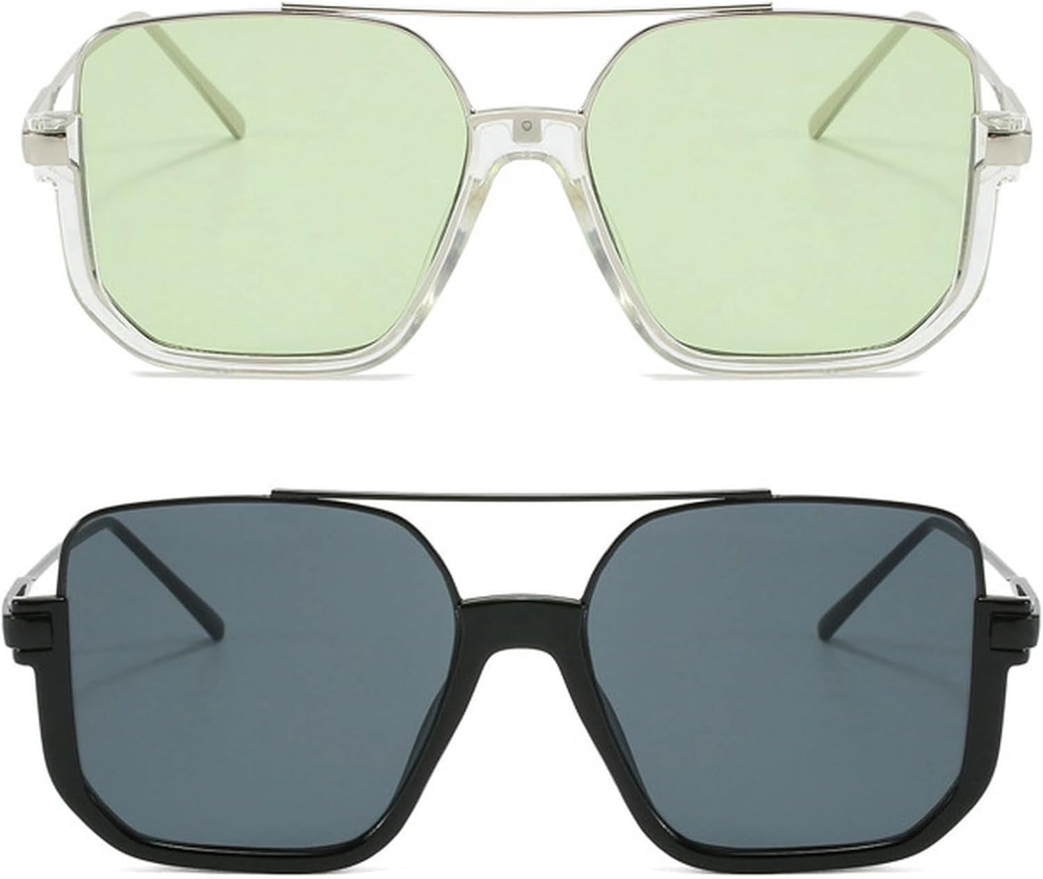 

Винтажные солнцезащитные очки большого размера, модные квадратные очки для мужчин и женщин, стильный и популярный дизайн, защита от ультрафиолета UV400 mincl, 2pcs-clear Green&black