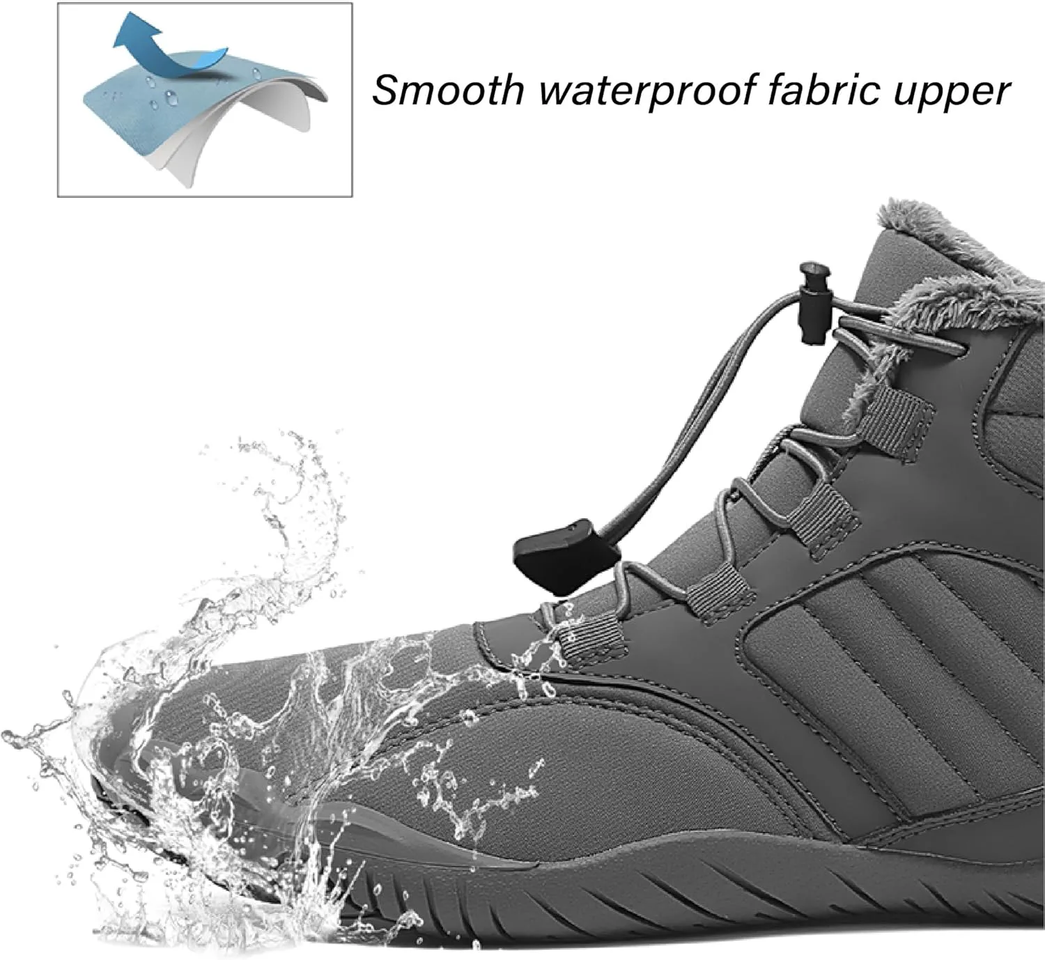 Зимние теплые ботинки Asifn Mens Barefoot с меховой подкладкой для походов, минималистичные, водонепроницаемые, противоскользящие хлопковые обувь, серый — фото 2