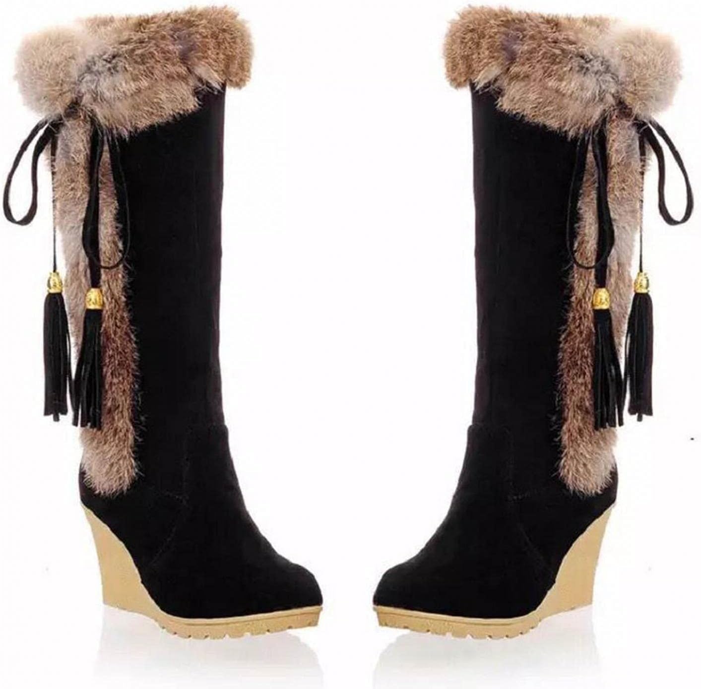 

Женские зимние снежные сапоги Hbeylia на высоком каблуке с пушистым мехом, модные повседневные бохо из замши, черный