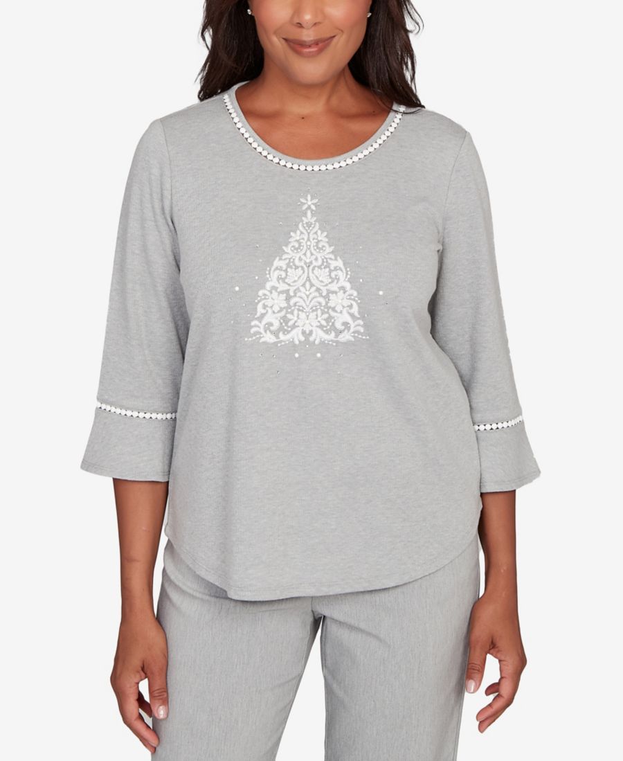 

Вязаный топ Stockbridge с украшением в виде рождественской елки Alfred Dunner, Pewter