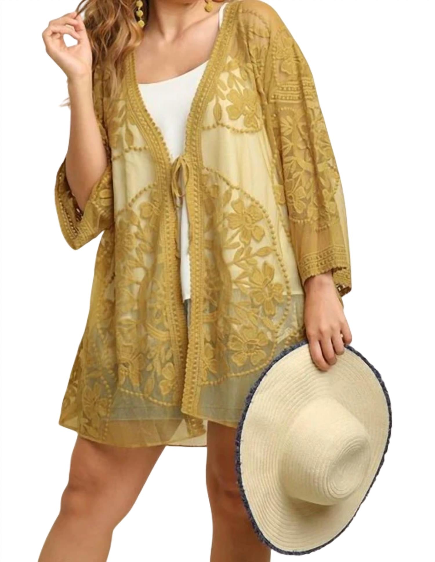 

Открытый кружевной кимоно в золотом киви Umgee