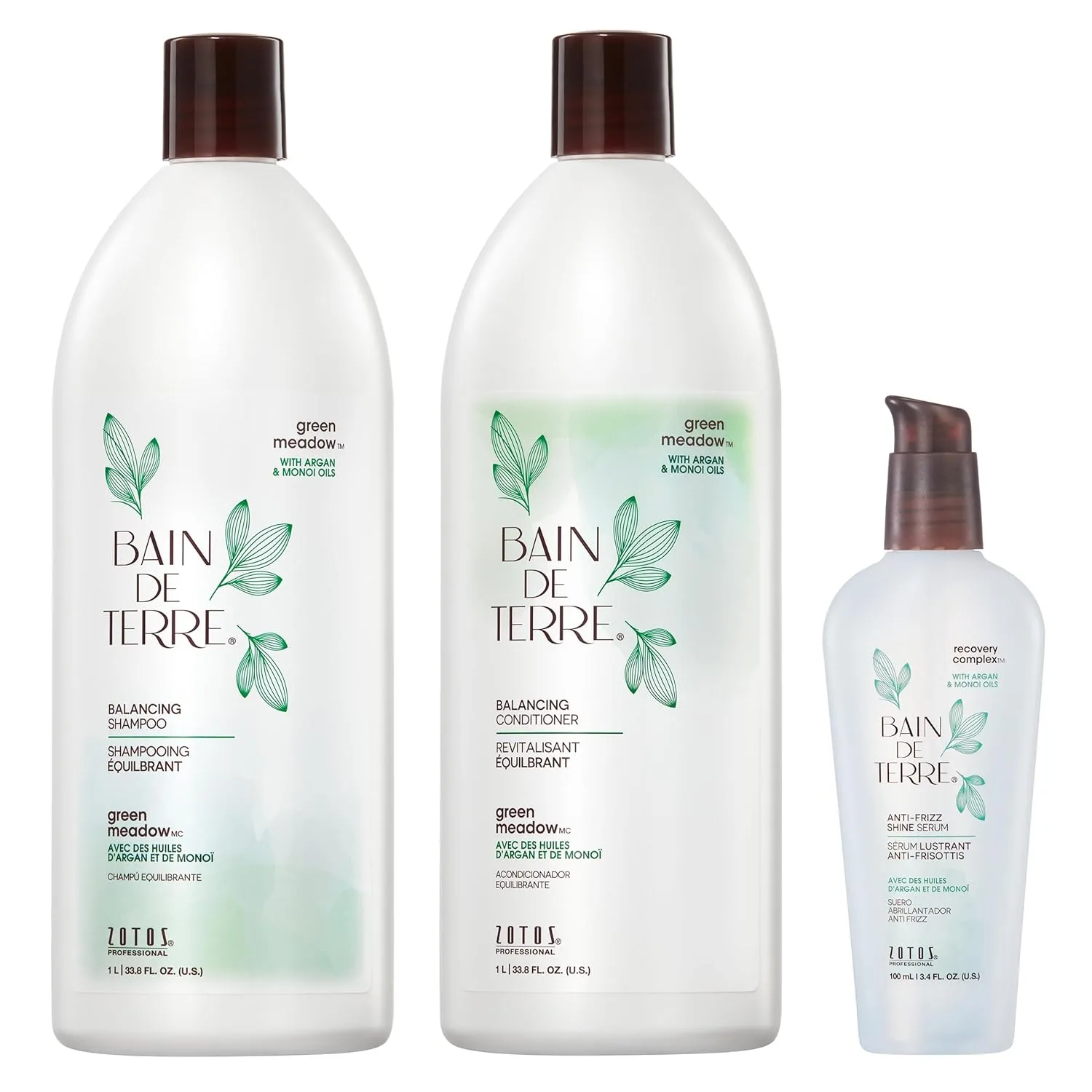 Кондиционер Bain de Terre Green Meadow Balancing для мягких, шелковистых и упругих волос с аргановым и монои маслами, без парабенов, для окрашенных волос, веганский (2 размера) 1000/100 мл (3 шт.), Green