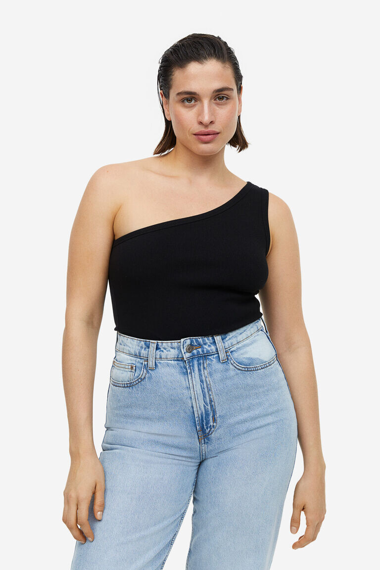 

Топ в рубчик на одно плечо H&M, черный