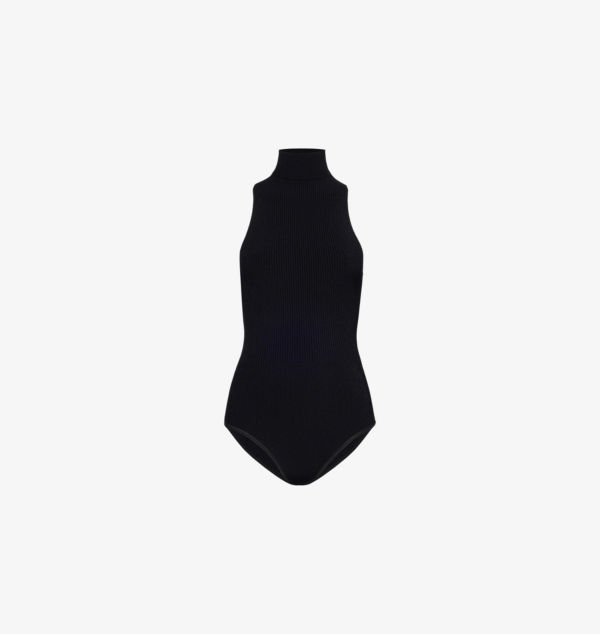 

Боди из тканой смеси с ребристым воротником-халтером Alaia, цвет noir alaia