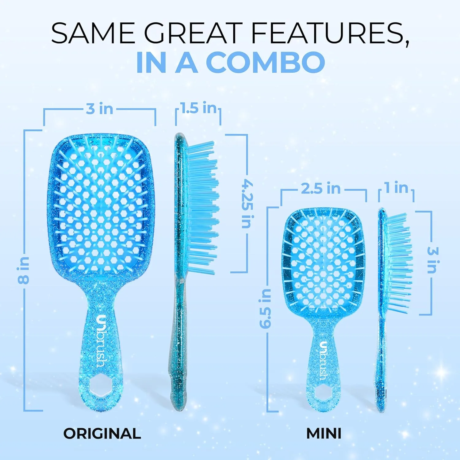 FHI Heat UNbrush Detangling Brush Combo Pack - оригинальная и мини UNbrush для всех типов волос, мокрых и сухих - DuoFlex антистатическая щетка, вентилируемая для безболезненного укладки, Sapphire Blue — фото 4