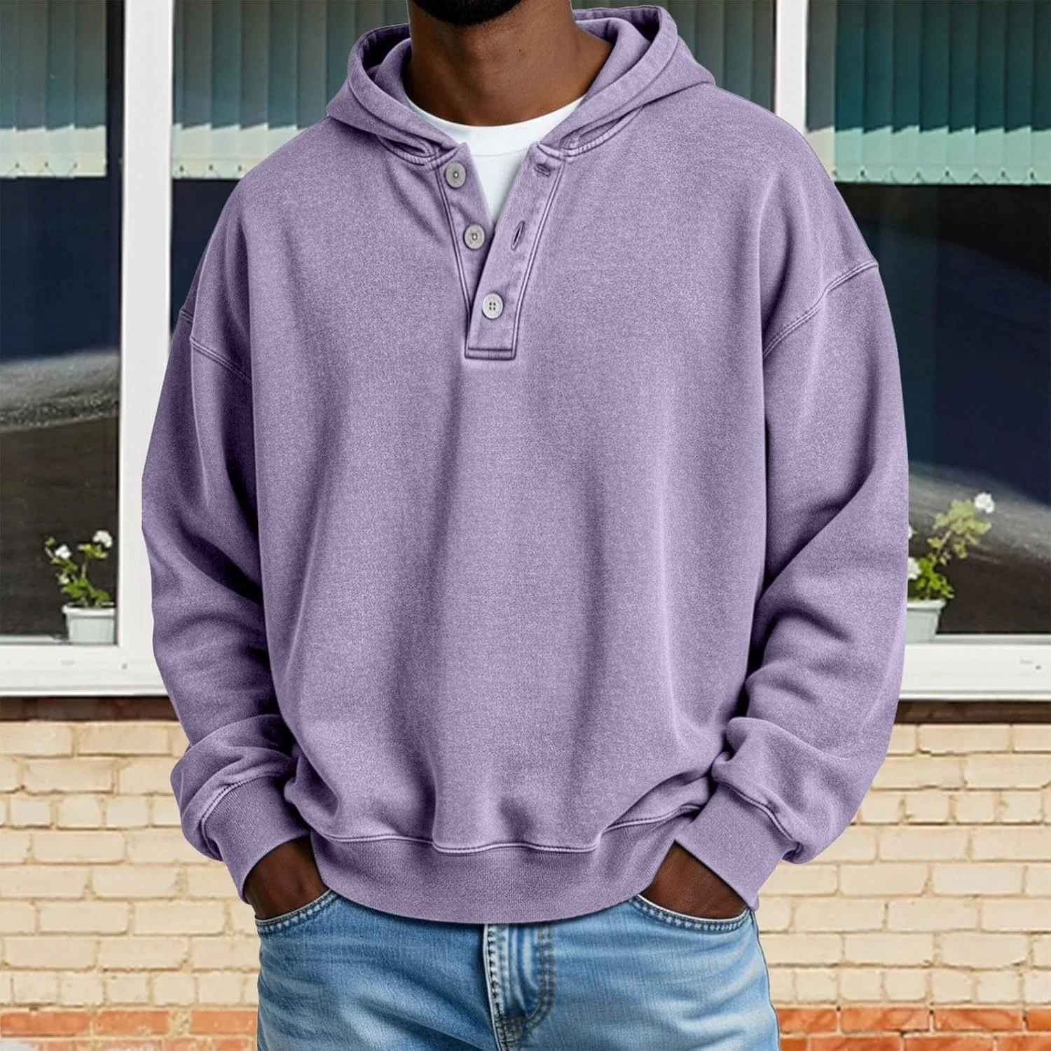 Худи мужское оверсайз с капюшоном, винтажное, однотонное, Generic, Purple — фото 2