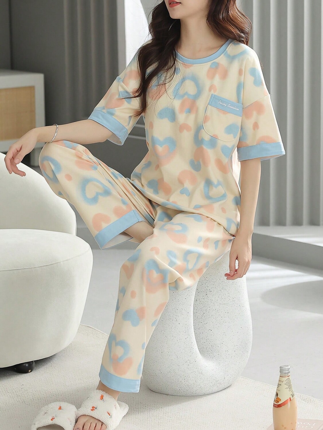 

Комплект женских пижам, пижамы с короткими рукавами и длинными брюками, безопасная для кожи одежда на дому, летняя, синий