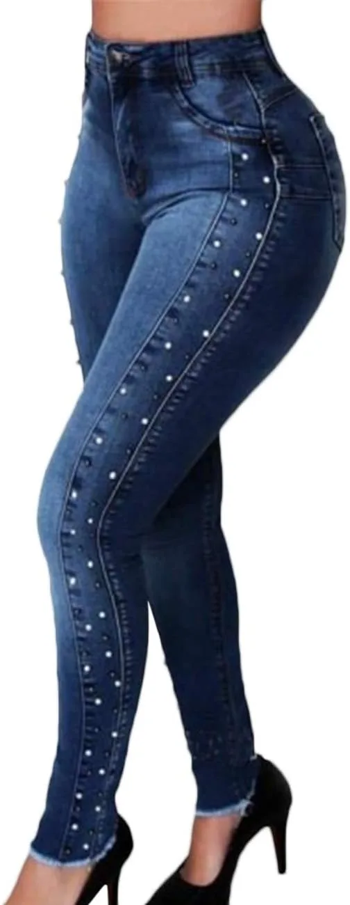 

Sexyshine женские джинсы скинни с высокой талией, жемчужными бусинами и заклепками