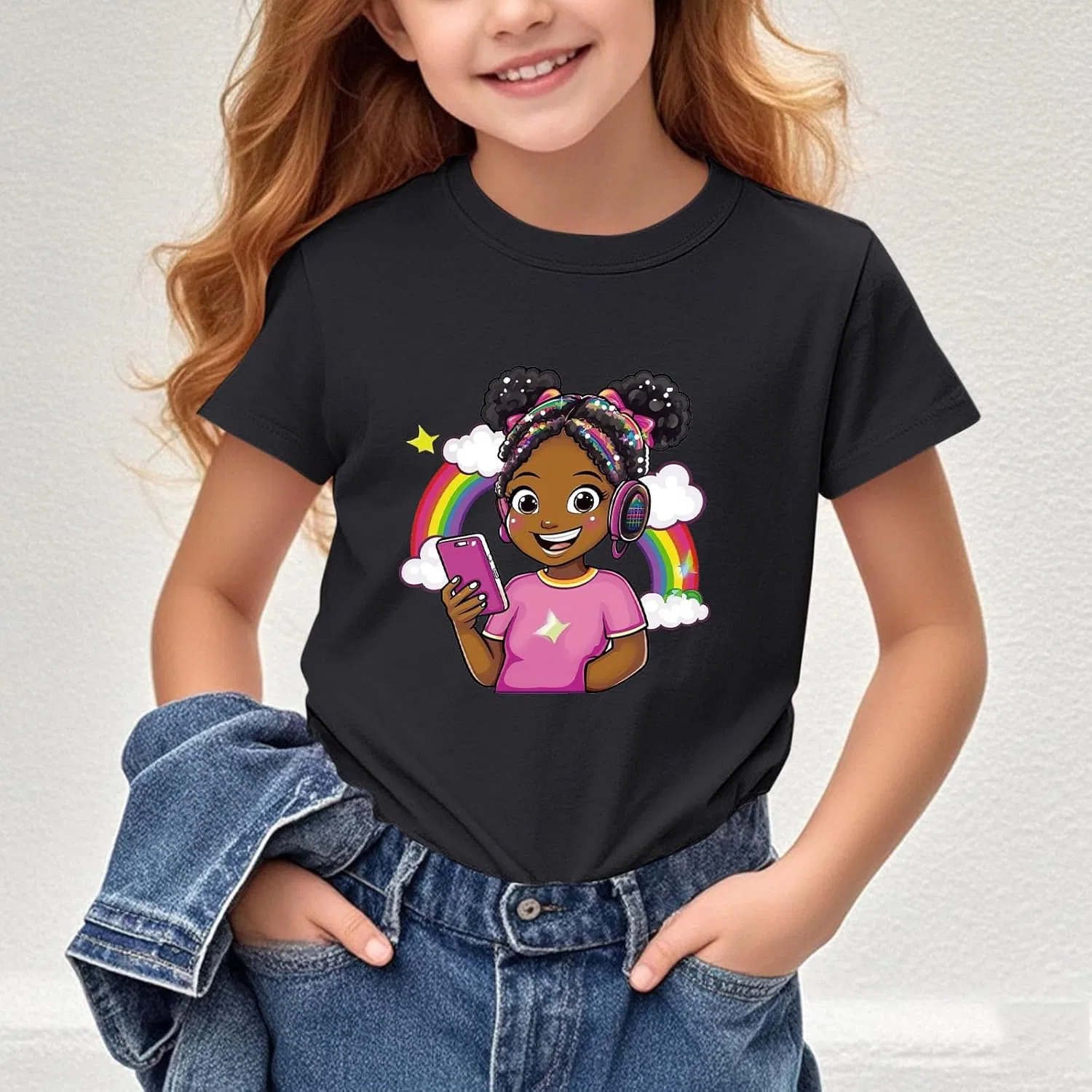 Детская футболка с коротким рукавом Rainbow Girl, Zzalalana, черная — фото 2