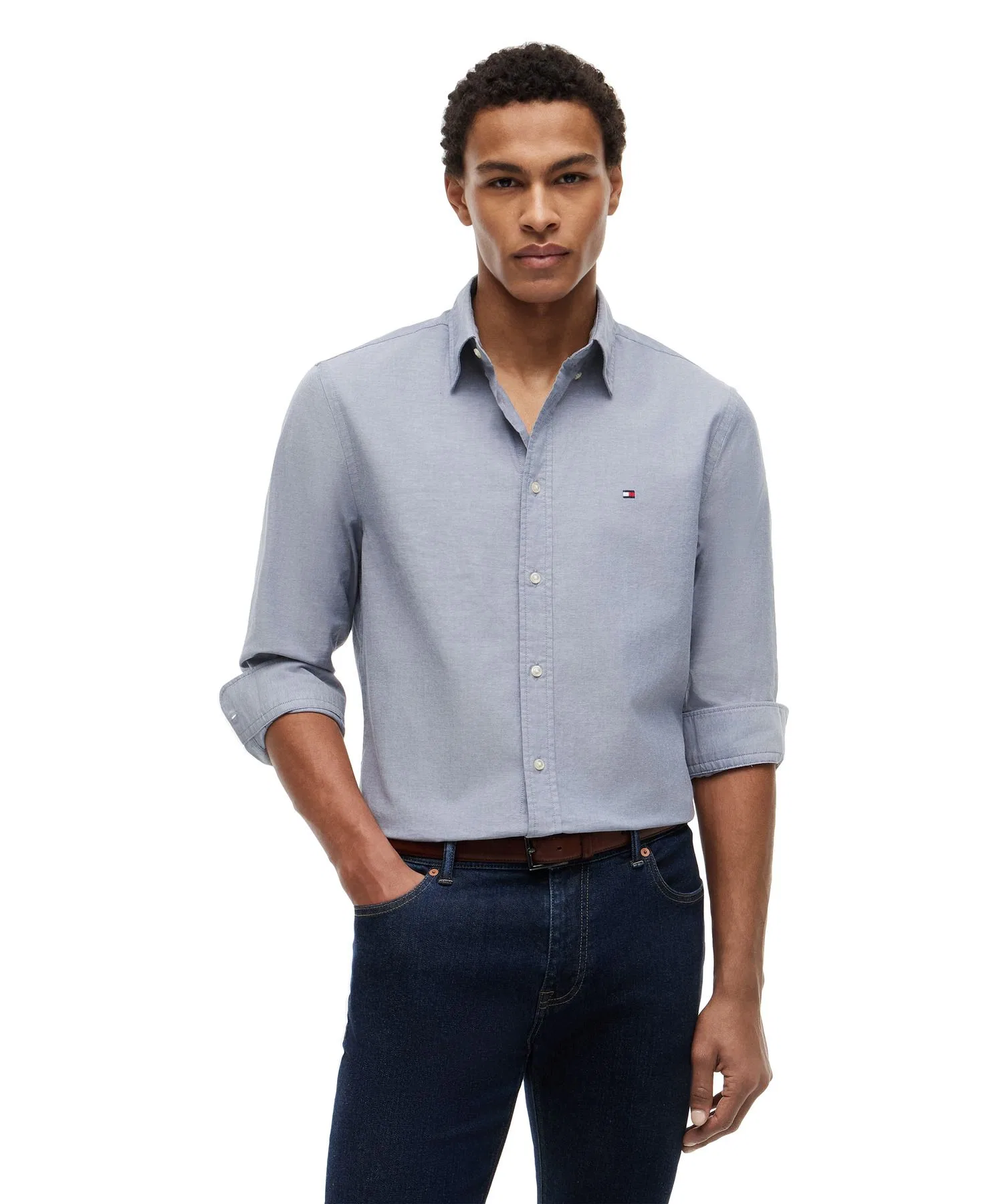 Мужская хлопковая рубашка Tommy Hilfiger Oxford с вышивкой, синяя