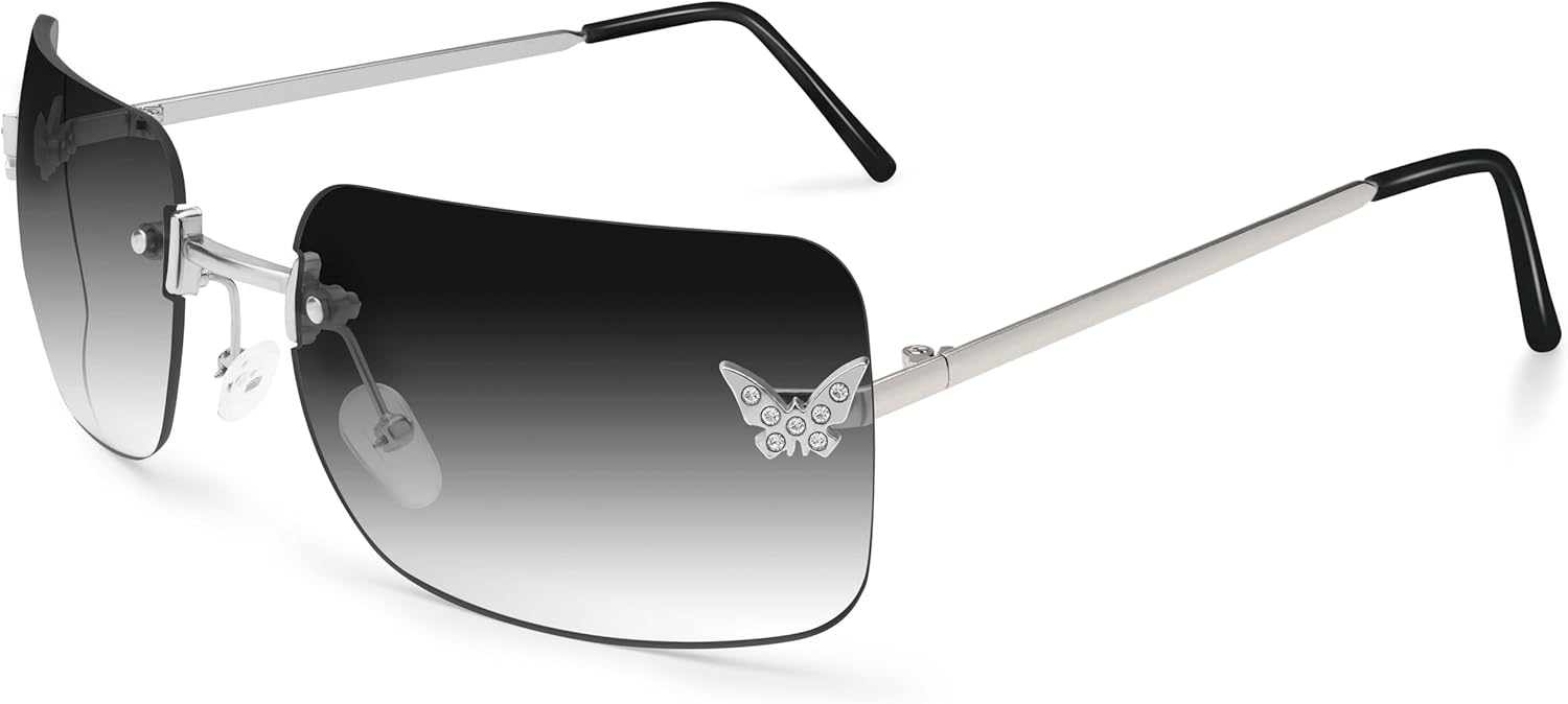 

Солнцезащитные очки Dollger прямоугольной формы в стиле Y2K для женщин, модные без оправы, квадратные солнцезащитные очки в стиле 2000-х, с бабочками, крутые очки 90-х, Silver Frame With Grey Lenses