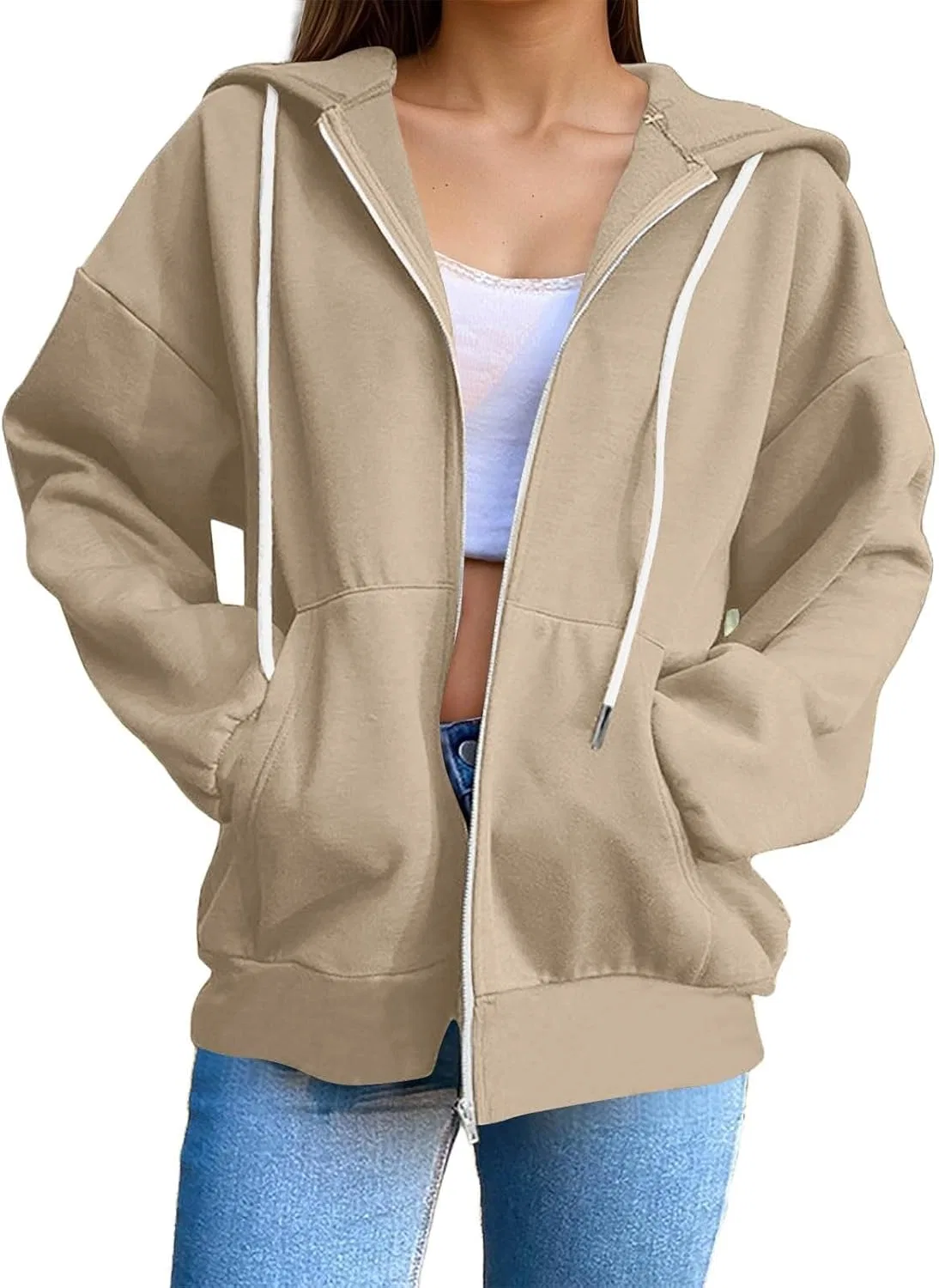 Женская толстовка оверсайз с капюшоном на молнии, Generic, Beige 2