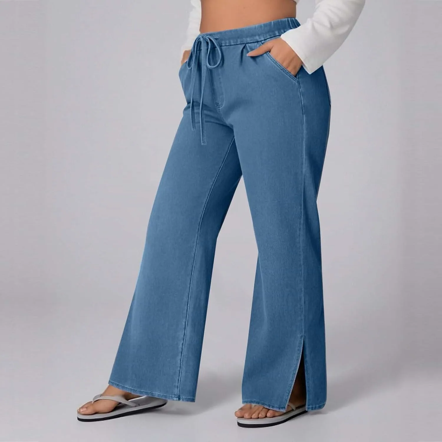 Джинсы Plus Size с боковым разрезом и эластичным поясом — фото 2