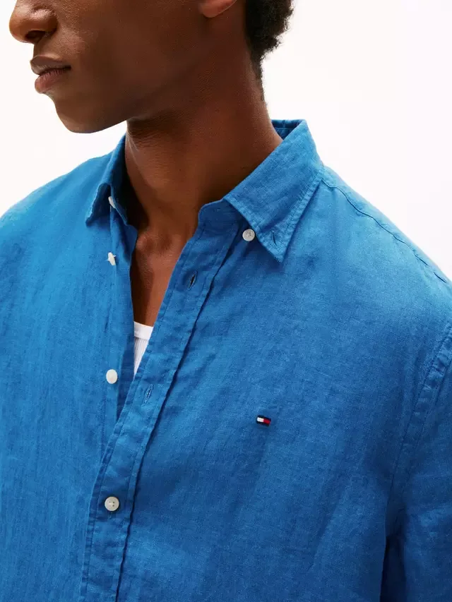 Льняная рубашка прямого кроя с логотипом Tommy Hilfiger, Blue — фото 4