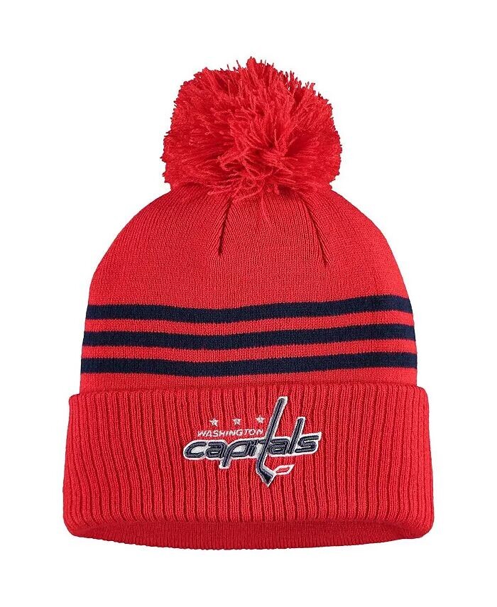 

Мужская красная вязаная шапка Washington Capitals с манжетами и помпоном в раздевалке с тремя полосками Adidas