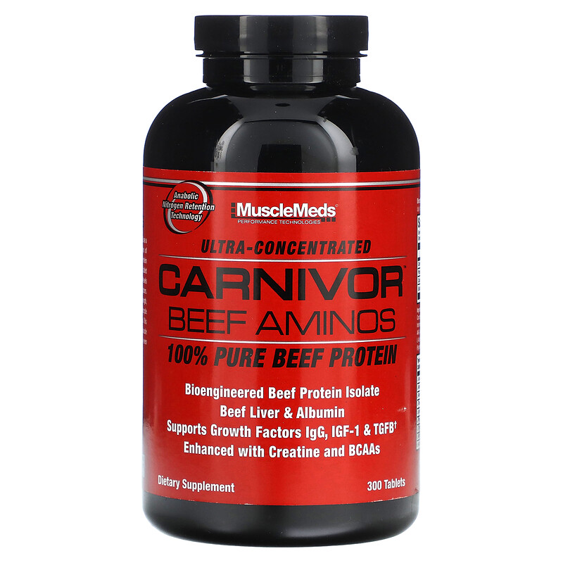 

MuscleMeds, Carnivor Beef Aminos, 100% чистый говяжий протеин, 300 таблеток