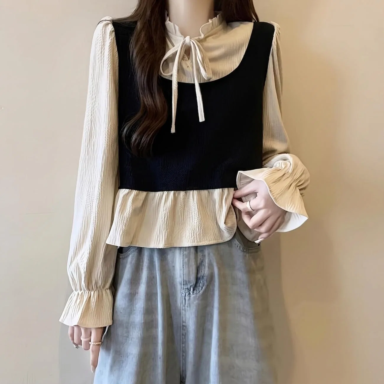 Блуза с фрильным воротником из коллекции French Vintage, кофейный — фото 2
