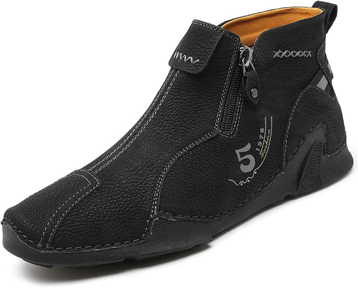 

Мужские повседневные мягкие кожаные лоферы с боковой молнией, ручная строчка, ботинки челси до щиколотки, слипоны для ходьбы и вождения, высокие кеды на плоской подошве Angrymonkey, черный